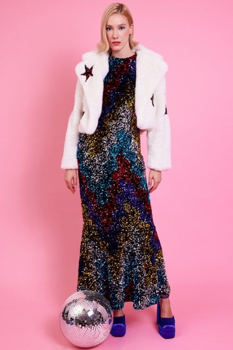 JAYLEY White Bamboo Faux Fur Sequins Star Jacket