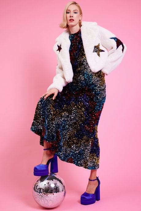 JAYLEY White Bamboo Faux Fur Sequins Star Jacket