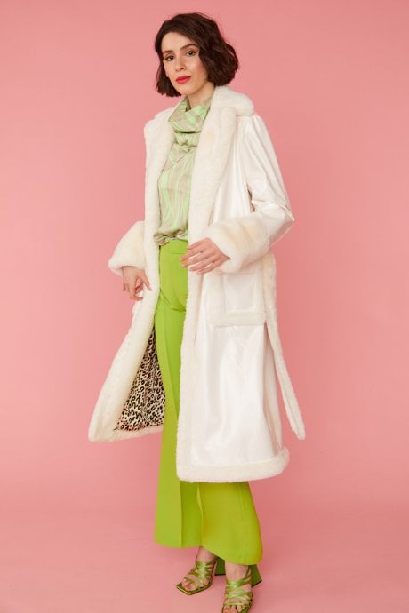 JAYLEY White Faux Fur And Faux Suede Trench Coat