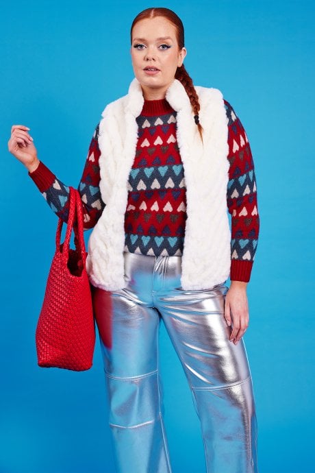 JAYLEY White Faux Fur Faux Suede Diagonal Stripe Gilet | Waistcoat