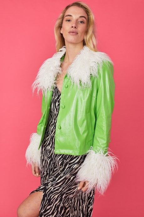 JAYLEY White Faux Leather Biker Jacket With Mongolian Fur Cuffs And Collar