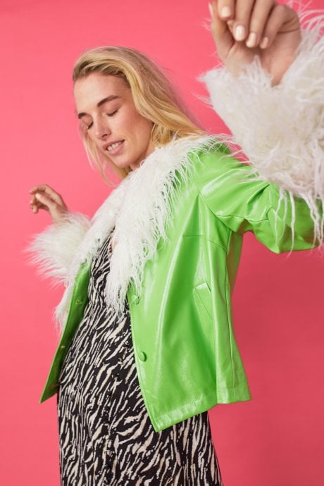 JAYLEY White Faux Leather Biker Jacket With Mongolian Fur Cuffs And Collar