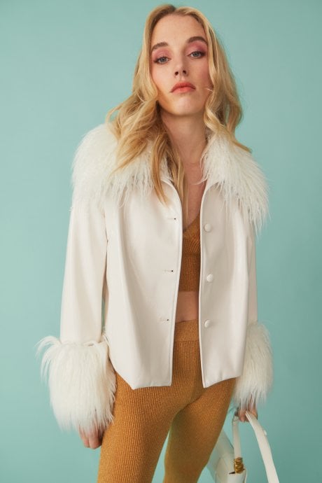 JAYLEY White Faux Leather Biker Jacket With Mongolian Fur Cuffs And Collar