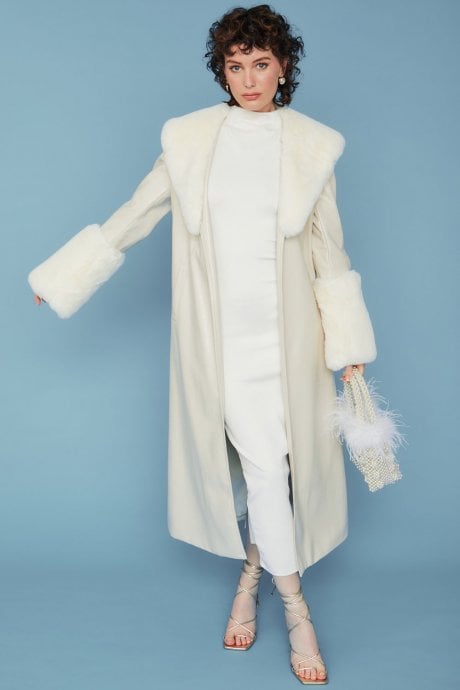 JAYLEY White Faux Leather Jacket With Detachable Faux Fur Cuffs & Collar