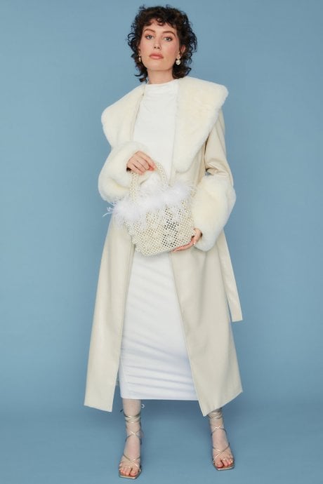 JAYLEY White Faux Leather Jacket With Detachable Faux Fur Cuffs & Collar