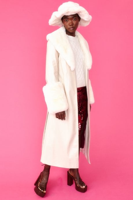 JAYLEY White Faux Leather Jacket With Detachable Faux Fur Cuffs & Collar