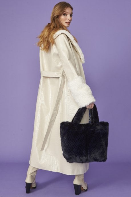 JAYLEY White Faux Suede Coat With Detachable Faux Shearling Cuffs & Collar