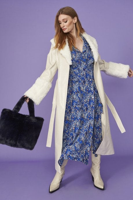 JAYLEY White Faux Suede Coat With Detachable Faux Shearling Cuffs & Collar