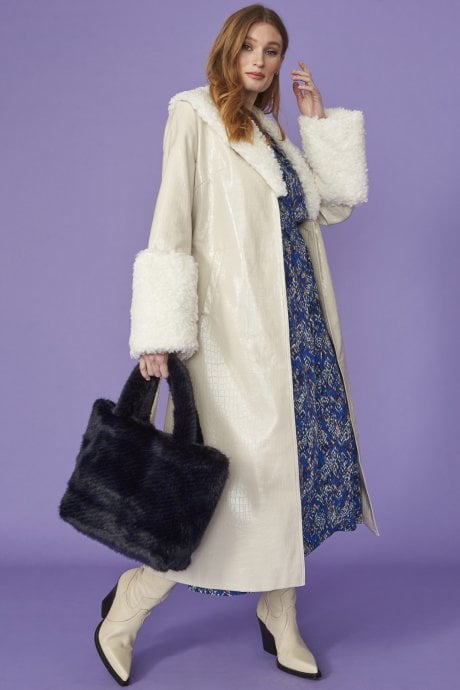 JAYLEY White Faux Suede Coat With Detachable Faux Shearling Cuffs & Collar