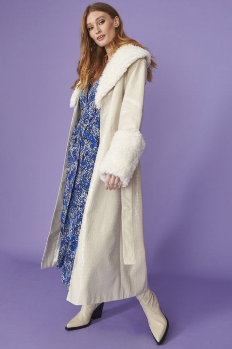 JAYLEY White Faux Suede Coat With Detachable Faux Shearling Cuffs & Collar