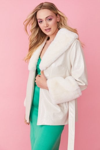 JAYLEY White Faux Suede With Detachable Faux Fur Collar And Cuffs