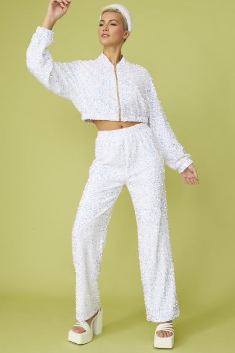 JAYLEY White Sequin Bomber Jacket