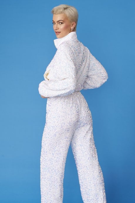 JAYLEY White Sequin Cropped Biker Jacket