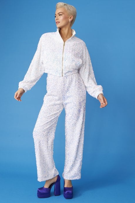 JAYLEY White Sequin Trousers With Elasticated Waste