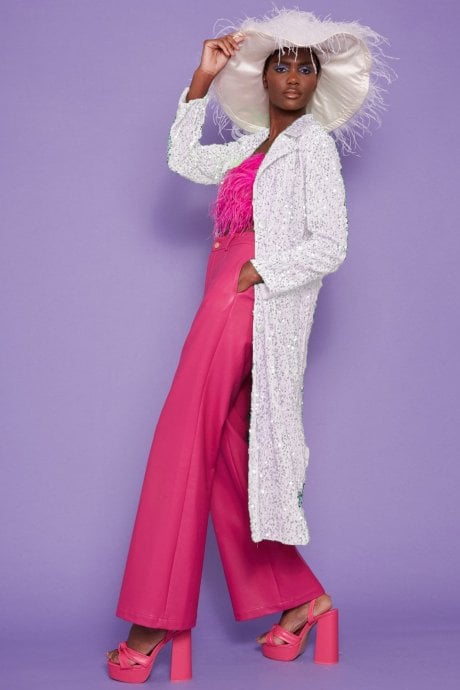 JAYLEY White Sequin Velvet Trench Coat