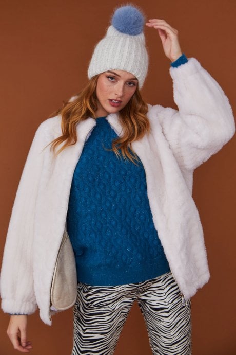 JAYLEY White Shearling Bomber Jacket with Zip