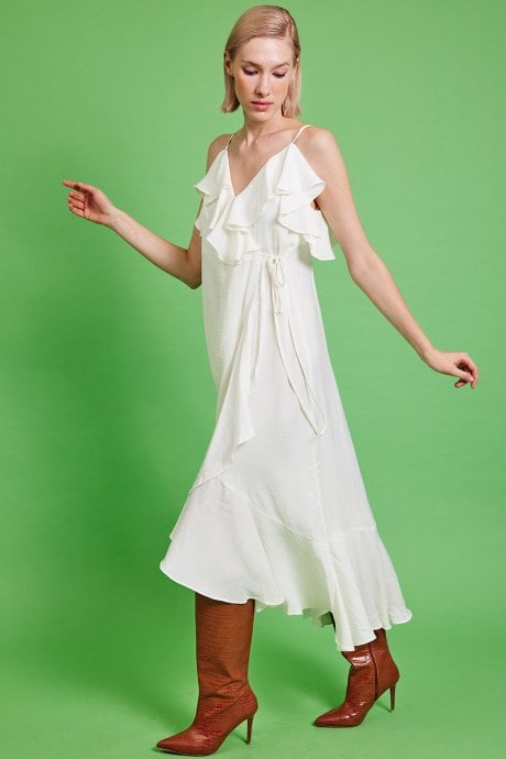 JAYLEY White Silk Blend Maxi Ruffle Dress