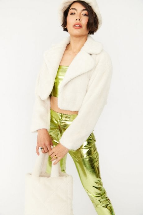 JAYLEY White Vegan Faux Fur Cropped Jacket