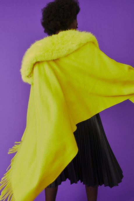 JAYLEY Wool Wrap With Yellow Detachable Faux Fur Collar
