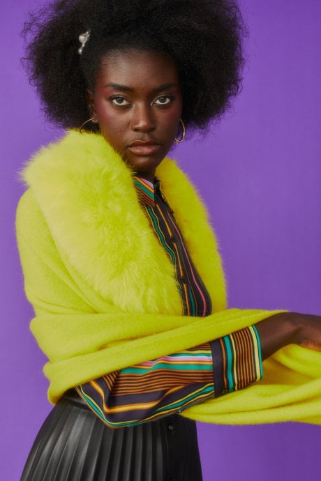 JAYLEY Wool Wrap With Yellow Detachable Faux Fur Collar