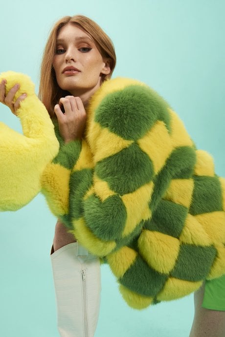 JAYLEY Yellow And Green Delilah Diamond Faux Fur Coat