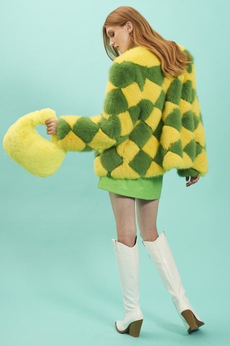 JAYLEY Yellow And Green Delilah Diamond Faux Fur Coat