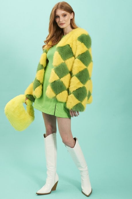 JAYLEY Yellow And Green Delilah Diamond Faux Fur Coat
