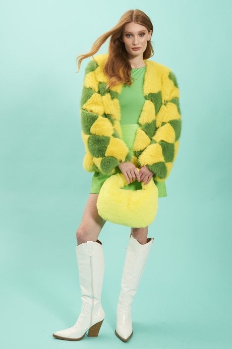 JAYLEY Yellow and Green Delilah Diamond Faux Fur Coat
