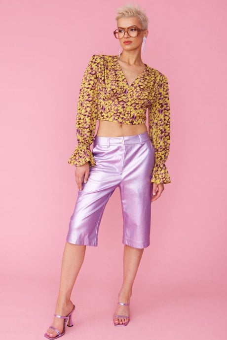 JAYLEY Yellow And Purple Silk Blend Cropped Blouse