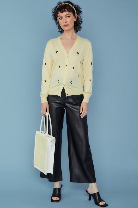 JAYLEY Yellow Cashmere Blend Cardigan With Embroidered Heart Design