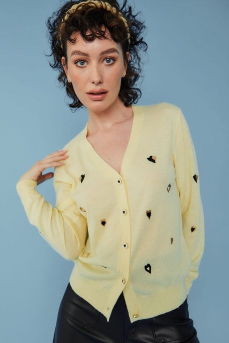 JAYLEY Yellow Cashmere Blend Cardigan with Embroidered Heart Design