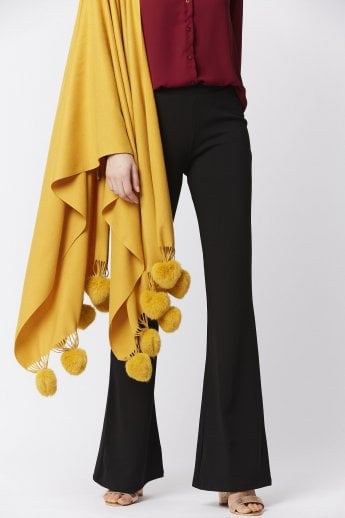 JAYLEY Yellow Cashmere Blend Wrap With Faux Fur Heart Poms