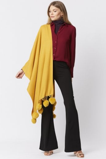 JAYLEY Yellow Cashmere Blend Wrap With Faux Fur Heart Poms