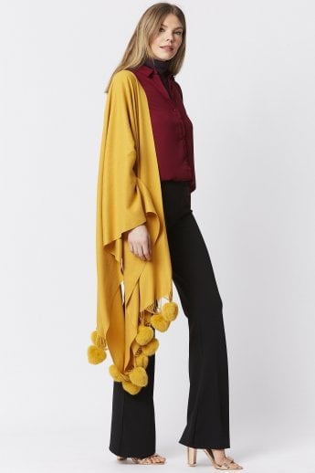 JAYLEY Yellow Cashmere Blend Wrap With Faux Fur Heart Poms