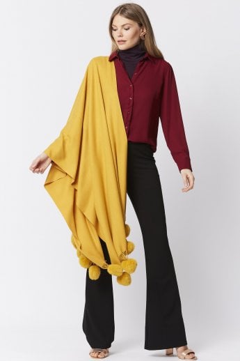 JAYLEY Yellow Cashmere Blend Wrap with Faux Fur Heart Poms