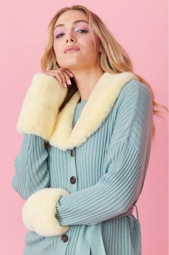 JAYLEY Yellow Cashmere Cardigan with Detachable Faux Fur Collar & Cuffs