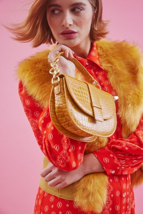 JAYLEY Yellow Crocodile Effect Real Leather Mini Tote Bag