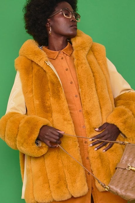 JAYLEY Yellow Faux Fur and Faux Leather Panelled Coat