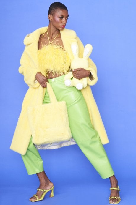 JAYLEY Yellow Faux Fur Coat With Floral Embellishments