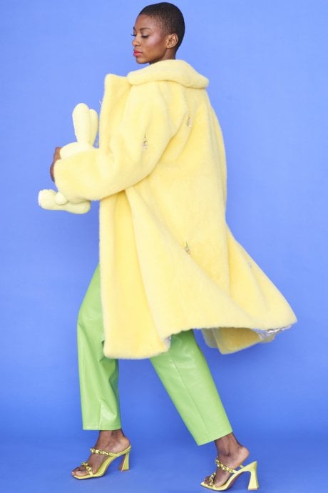 JAYLEY Yellow Faux Fur Coat with Floral Embellishments