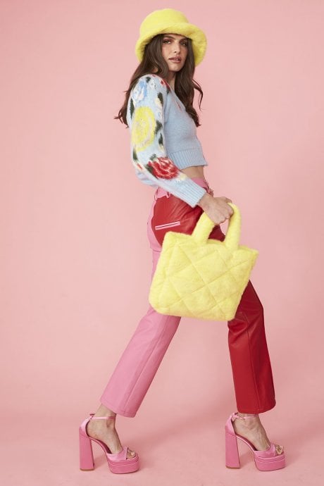JAYLEY Yellow Faux Fur Diamond Stitch Tote Bag