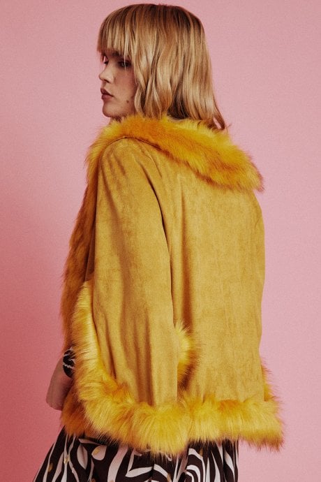 JAYLEY Yellow Faux Fur Faux Suede Cape Jacket