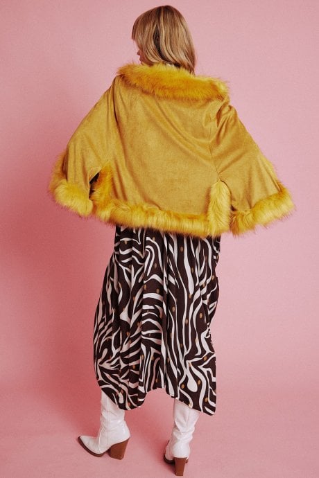 JAYLEY Yellow Faux Fur Faux Suede Cape Jacket