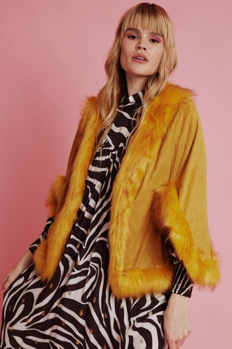 JAYLEY Yellow Faux Fur Faux Suede Cape Jacket