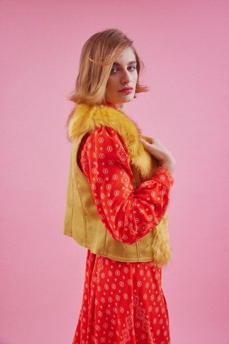 JAYLEY Yellow Faux Fur Faux Suede Gilet | Waistcoat