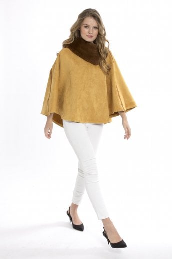 JAYLEY Yellow Faux Fur Faux Suede Poncho
