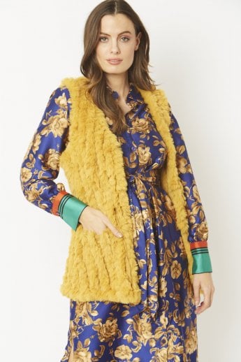 JAYLEY Yellow Faux Fur Faux Suede Vertical Stripe Gilet | Waistcoat
