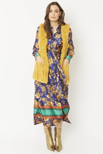 JAYLEY Yellow Faux Fur Faux Suede Vertical Stripe Gilet | Waistcoat