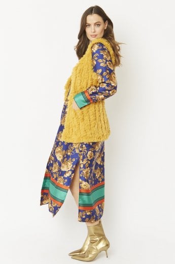 JAYLEY Yellow Faux Fur Faux Suede Vertical Stripe Gilet | Waistcoat