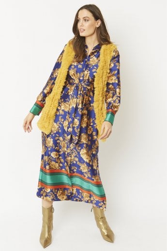 JAYLEY Yellow Faux Fur Faux Suede Vertical Stripe Gilet | Waistcoat